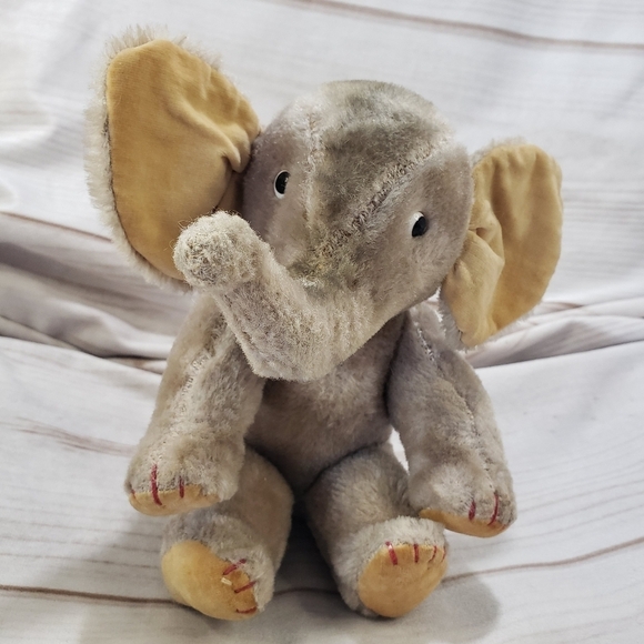 Vintage Mohair Elephant Straw Stuffed Animal Made In Japan 1950s Sitting 7 Inch - Picture 15 of 15